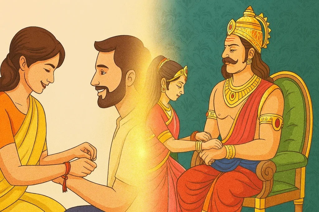 Raksha Bandhan – The Festival of Love, Purity & Divine Protection
As we all geared up to celebrate the festival of Raksha bandhan, don’t you think it will be a bliss if you know the true meaning of Rakshabandhan and how the festival of Raksha bandhan started.
 As we all know, the month of Shravan is considered the season of devotion to Lord Shiva.
 In this month, the whole world seems to be filled with His presence.
 And on the full moon day of Shravan, we also celebrate the beautiful festival of Raksha Bandhan.
But do you know how this festival began?
 How a brother, by giving his sister a promise of protection, became bound to her for life?
 Today, from our scriptures and ancient stories, we bring you the tale of Raksha Bandhan and the glory of Lord Shiva — so you can understand the true meaning of this festival.
The Spiritual Essence of Raksha Bandhan
Raksha Bandhan brings joy everywhere — the loving bond between sister and brother, the decorated markets, the sweet shops, the festive mood in families.
 Some celebrate with prayers and rituals, while others focus on gifts and traditions.
But it’s important to remember — this festival is not just a yearly ritual.
 Its true purpose is deep and powerful — it strengthens relationships and inspires purity of thought, word, and action.
The Question of Protection
Who protects whom? Is it only that a brother protects his sister?
 Don’t men also need protection?
 Raksha Bandhan’s protection is not only physical — it is the protection of purity in relationships.
If the world could see each other with the sacred, respectful eyes of a brother and sister, we would truly become one global family.
Self-Protection – The Deeper Vow
On this day, we should also take a vow to protect ourselves —
 to keep away from negative thoughts, harmful words, and actions that hurt others.
In ancient times, Brahmins tied the rakhi as a reminder of a vow — to live with purity and high principles for 40 days until it became a habit.
 This vow became a spiritual armour that protected the soul.
The Origin Story – King Bali and Goddess Lakshmi
Long ago, battles were fought between the Devas (gods) and the Asuras (demons).
 The Asuras constantly sought to gain the nectar of immortality (amrit) and rule over heaven.
Among them was King Mahabali, grandson of the great devotee Prahlad.
 Though born in a demon family, he was righteous, generous, and a devotee of both Lord Vishnu and Lord Shiva.
Through his strength and 100 great sacrifices (yajnas), he became ruler of the three worlds.
 The gods grew worried that if Bali obtained amrit, he would be unstoppable.
 They prayed to Lord Vishnu for help.
Vishnu took the form of a small Brahmin boy — the Vamana avatar — and approached Bali during a grand sacrifice.
 He asked for three steps of land.
 Bali agreed, but Vamana grew into a giant form:
With one step, He covered the heavens.


With the second, He covered the Earth.
 No space was left for the third — so Bali offered his own head.


Impressed by his devotion and truthfulness, Vishnu granted him a boon:
 Bali would one day be King of Heaven, and until then, Vishnu Himself would stay with him in the netherworld (Patal Lok).

Goddess Lakshmi’s Plan
Lord Vishnu’s absence saddened Goddess Lakshmi.
 She went to Lord Shiva for advice.
 Shiva said:
“Bali is a man of his word. If you can bind him with a vow, he will keep it at all costs.”
Lakshmi disguised herself as a maiden and went to Patal Lok with the serpent king Vasuki, who transformed into a sacred raksha thread.
She tied the rakhi to Bali’s wrist, making him her brother.
 When Bali asked what gift she wanted, Lakshmi revealed her true form and requested Vishnu’s return.
Bali gladly agreed, saying:
“From today, any woman who ties a rakhi to a man, accepting him as her brother and asking for his protection, will receive it for life. This thread will be a shield against all harm.”
From that day, on Shravan Purnima, sisters tie a strong raksha sutra to their brothers, and brothers become bound to protect them.
The Real Celebration
Raksha Bandhan is more than tying a thread.
 It is a bond of love, trust, purity, and divine protection — a reminder to live with respect for all, to guard our own thoughts, and to strengthen the bonds of humanity.
So, on this Raksha Bandhan, let us take two vows:
To protect the purity of every relationship.


To protect our own soul from negativity.


When we do this, we are not just keeping a tradition — we are keeping the spirit of Raksha Bandhan alive.
Wishing you all a blessed and sacred Raksha Bandhan.
Om Shanti.